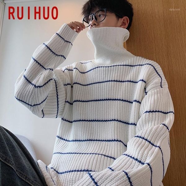 

ruihuo 2020 new spring striped warm turtleneck sweater men fashion casual sweater men's turtleneck knitted pullover men -2xl1, White;black