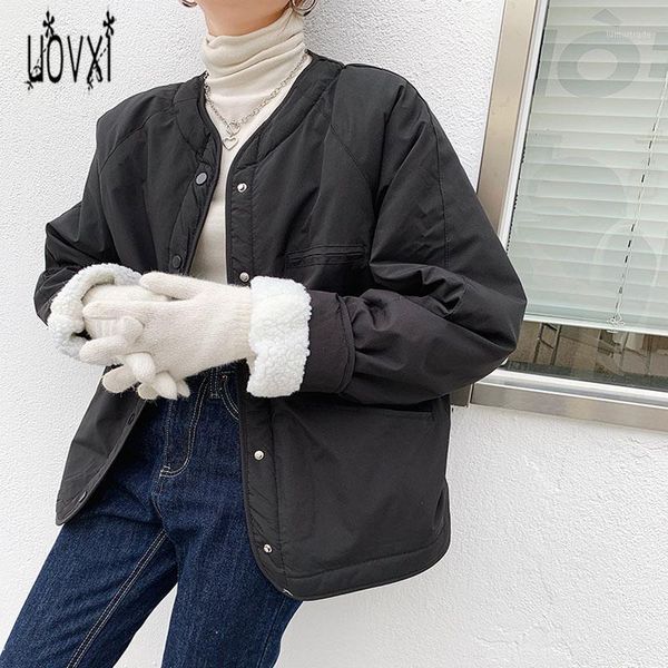 

women's jackets uovxi retro korean casual llamb wool lining cotton jacket loose and elegant women's lightweight warm two wear1, Black;brown