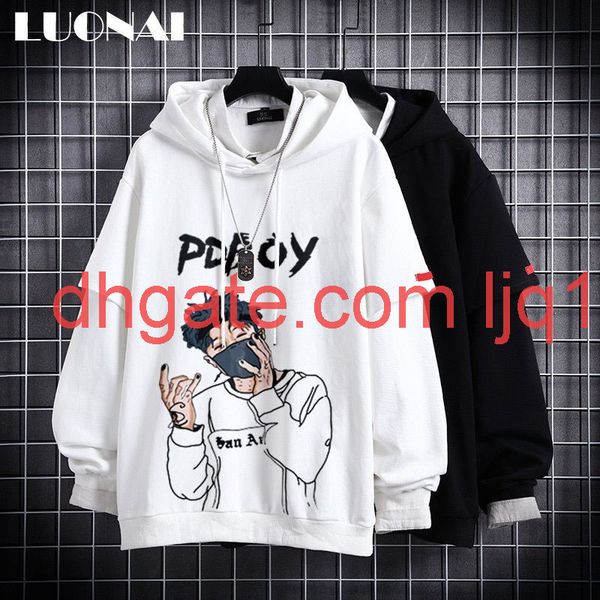 

autumn korean hip hop trend printed sweater men's fake two-piece ins hoodie loose coat, Black