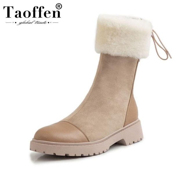 

boots taoffen women snow plush fur round toe office work outdoor fashion shoes woman flats comfort botas size 34-40, Black