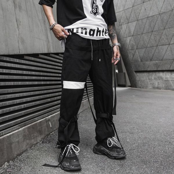 

2021 men will see springtime black patchwork multi ribbons runners hare cargo pants from male personalities streetwear club stage cf70, White;black