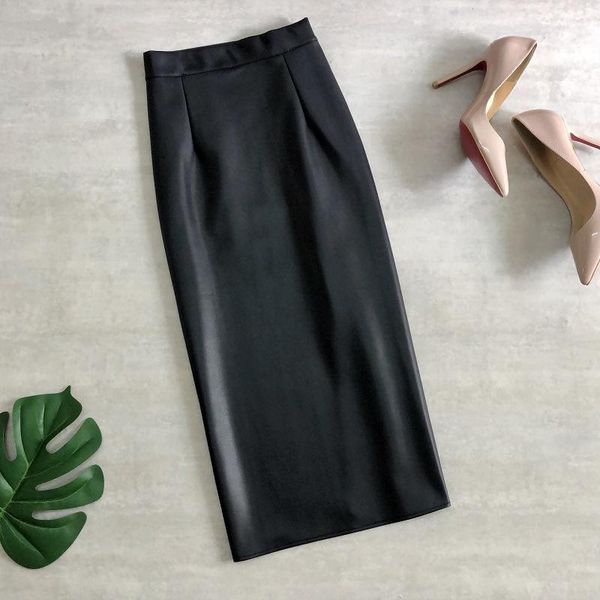 

cr women's autumn winter plus velvet pu leather midi pencil bodycon eleangt office ladies high waist faux stretch skirt, Black