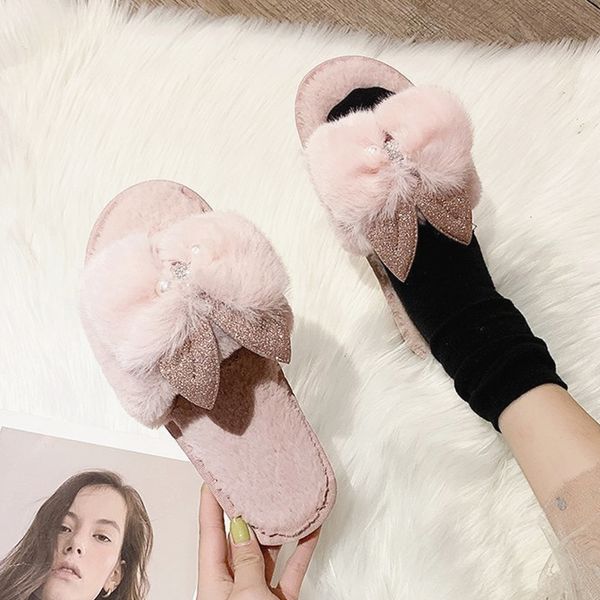 

winter home women slippers comfortable plush warm flat ladies casual shoes non-slip cute women furry slippers, Black