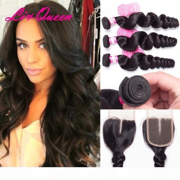 

malayzian virgin hair weaves closure 4x4 lace cosure with 3 bundles human hair natural black unprocessed wholesale hair extensions, Black;brown