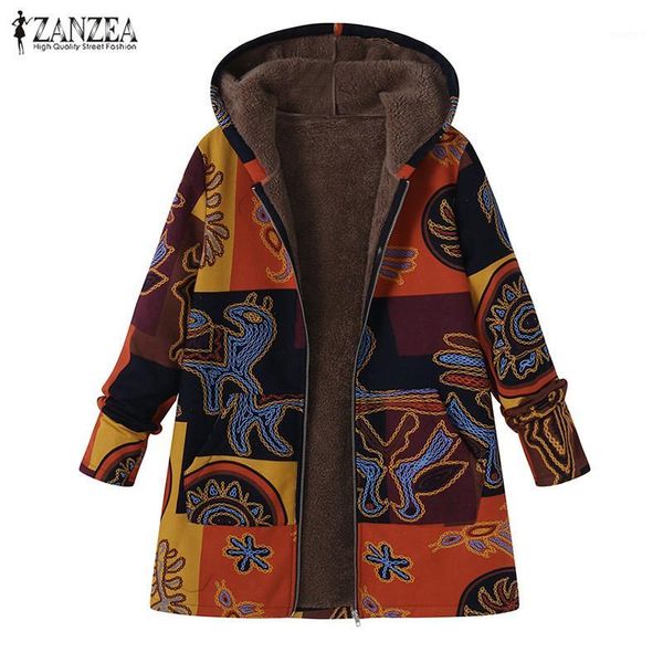 

2019 winter fashion long sleeve thicken warm coat zanzea plus size women faux fluffy ethnic printed basic chaqueta mujer coats1, Black;brown