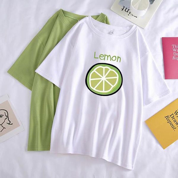 

avocado lemon pattern women's clothes cute short sleeve o neck summer girls t shirts harajuku loose female casual shirts, White
