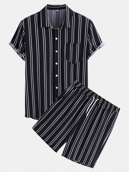 

men striped print shirt & drawstring waist shorts r2bo#, Gray