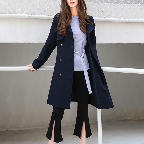 

ewq] preppy style big turn-down collar loose lady windbreaker 2019 autumn new long trench coat slim outwear qk6161, Tan;black