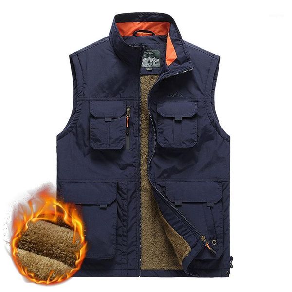 

large size multi-pockets fleece vests men autumn winter thick warm waistcoat windproof tactical plus size 6xl sleeveless jacket1, Black;white
