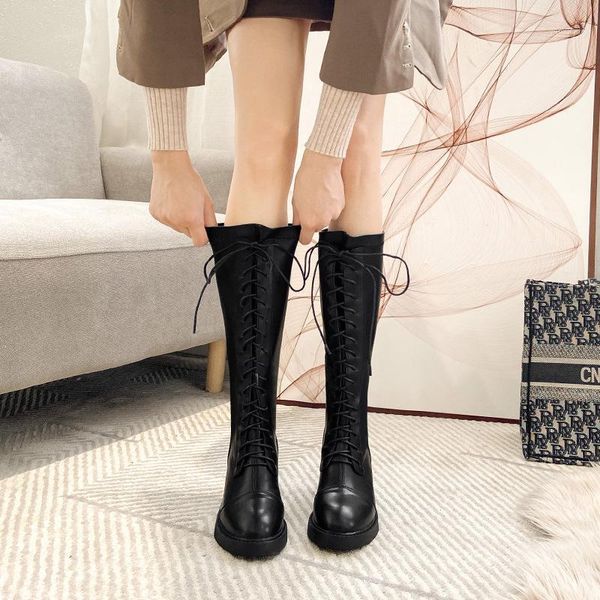 

winter new 2020 women's boots new soft leather stretch boots thick heel lace-up long-tube women's show high1, Black