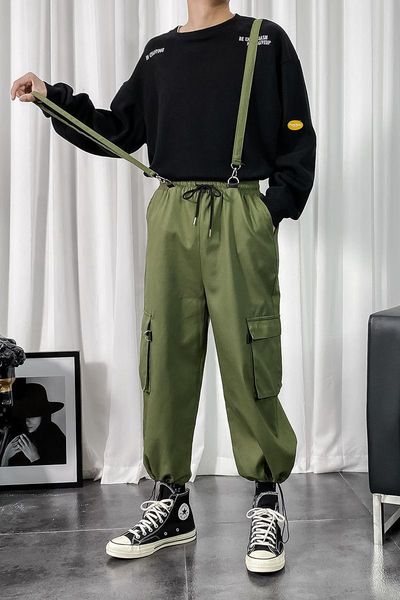 

men's pants 2021 winter solid color thickened casual loose port style fashion work clothes with strap m-3xl, Black