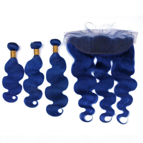 

body wave virgin peruvian blue colored human hair weave bundles with frontal dark blue virgin hair wefts with full lace frontal closure 13x4, Black;brown