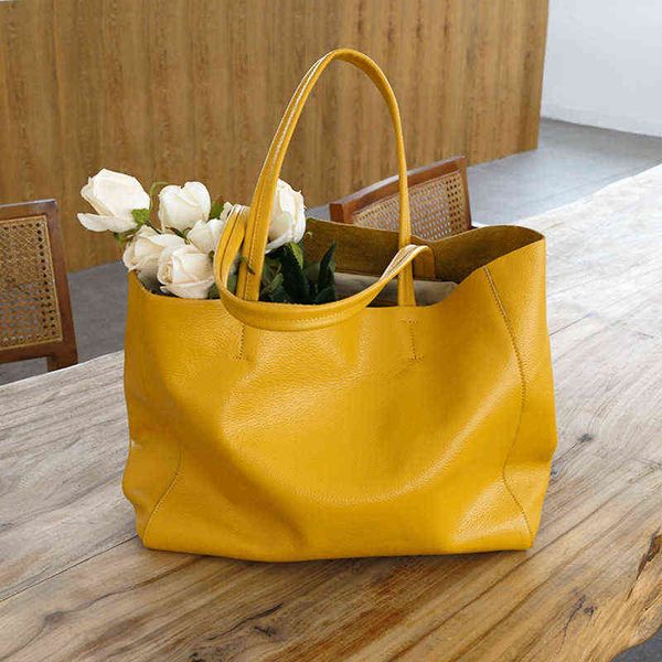 Einkaufstaschen Einkaufstaschen Neue Frauen Luxus Casual Tote Weibliche Zitrone Gelb Mode Schulter Handtasche Dame Rindsleder Echtes Leder 220301