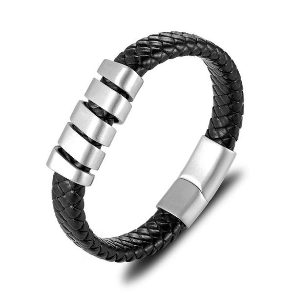 

mkendn мода кожаный браслет для мужчин черный оплетка многослойная веревка цепь из нержавеющей стали магнитные зажима мужские ювелирные укра