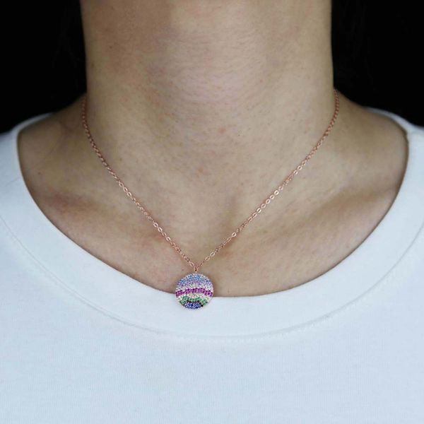 

2021 rose gold color fashion women jewelry geometric round dots micro paved colorful rainbow stone coin pendant necklace, Black