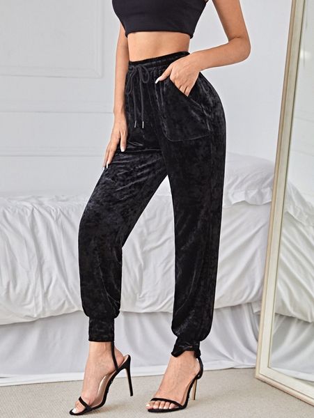 

slant pocket drawstring waist velvet pants 52xn#, Black;white