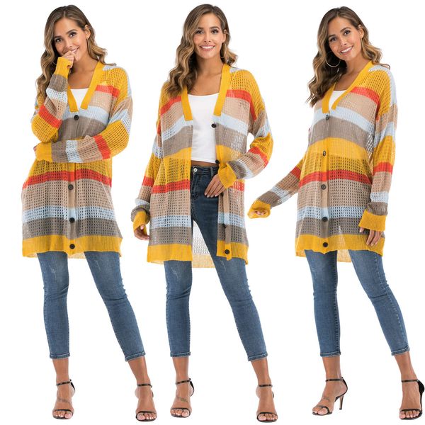 

autumn and winter new color stripe long sleeve button sweater women's coat a1438, White;black