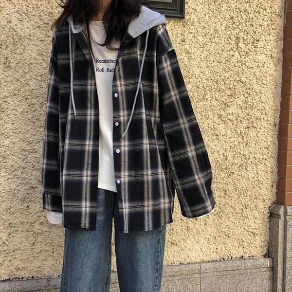 

korea ins harajuku vintage bf plaid hooded long sleeved jacket female winter new fashion oversize loose casual blouse jacket, Black;brown
