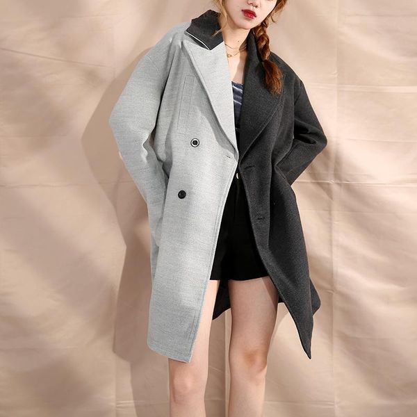 

black loose fit gray contrast color big size woolen coat parkas new long sleeve women fashion autumn winter 2021 jc17101
