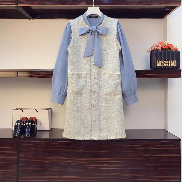 

fashion women's two piece suit 2020 autumn new casual elegant loose bow button long-sleeved shirt and fringed vest dress clothes1, Gray