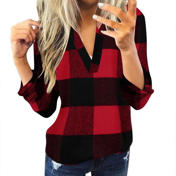

women's blouses & shirts autumn spring blouse women shirt casual cotton long sleeve plaid slim v neck womens and, White
