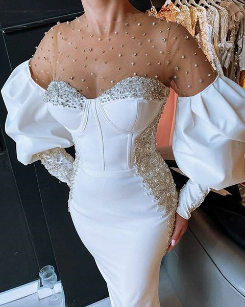 

2021 white crystals pearls prom dresses sheath style fitted long puff sleeve beaded floor length arabic evening gowns sheer jewel neck, Black