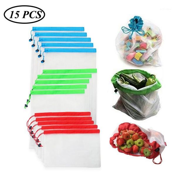 

hanging baskets 15pcs/lot reusable mesh produce bags washable eco friendly for grocery shopping storage fruit vegetable toys sundries bag1