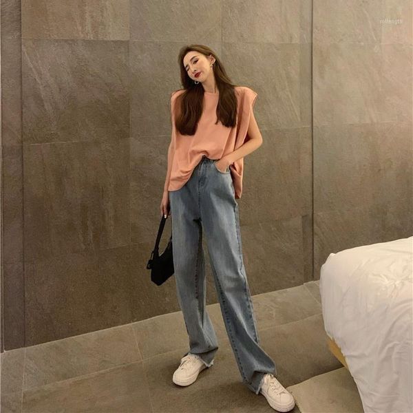 

goohojio women jeans straight-leg pants leisure loose high waist vintage wide leg jeans women all-match simple full-length1, Blue