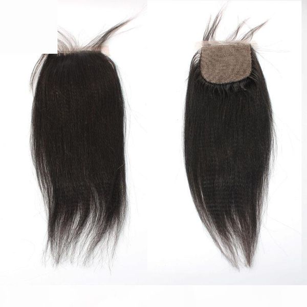 

baby hair in front yaki straight italian yaki human hair brazilian hair silk base closure 4x4 parting 3 part, Black;brown