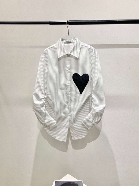 

fashionable foreign style 20 autumn new black peach heart decorative sleev wrinkle personalized slim striped shirt, White