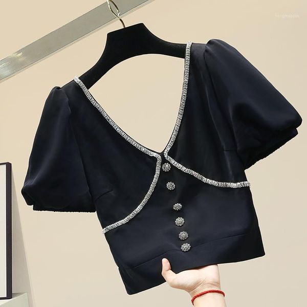 

crop for women short v-neck off-belly short sleeve chiffon shirt women's sumemr blouse all-match shirts blouses blusas1, White