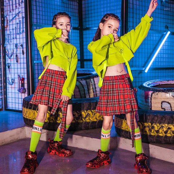 

kids hip hop party outfits sweatshirt plaid skirt dancing clothing girls carnival jazz dance costume clothes stage wear1, Black;red