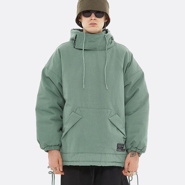 

men winter thicken padded cotton pullover hooded parkas coat outerwear male streetwear hip hop loose casual warm jacket overcoat, Black