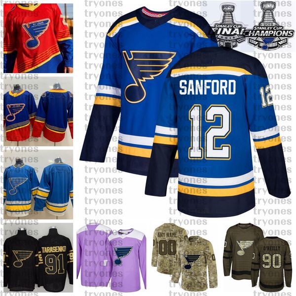 

2021 reverse retro customize 12 zach sanford st. louis blues champions hockey jersey golden edition camo veterans day fights cancer jersey, Black;red