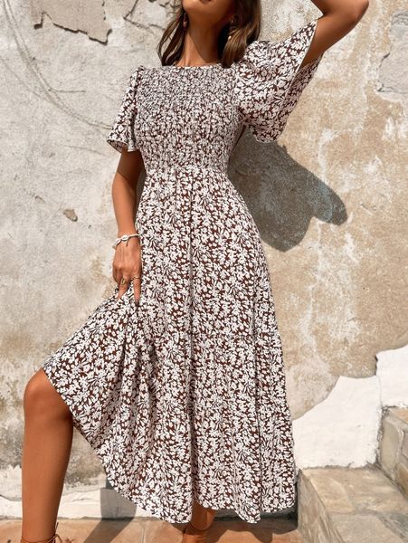 

ditsy floral butterfly sleeve shirred ruffle hem dress b1dz#, Black;gray