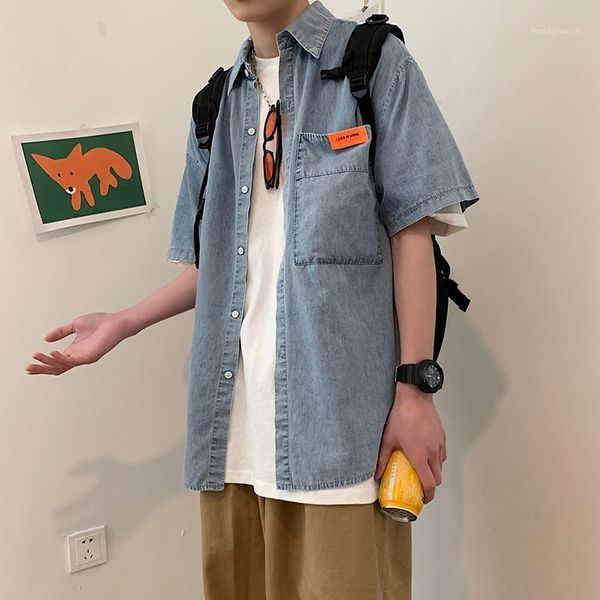 

men's casual shirts washed denim men streetwear summer short sleeve loose oversize korean style shirt -5xl1, White;black