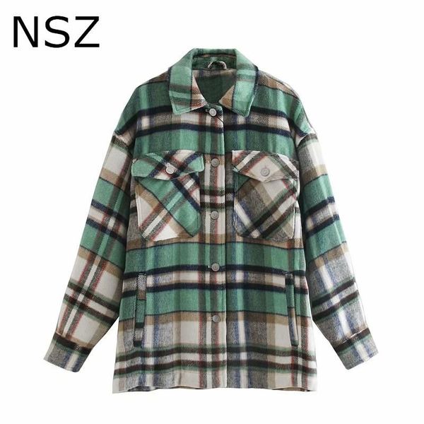 

nsz women oversized woolen coat fall fashion wool blend checked shirt jacket long sleeve loose ladies outerwear overshirt, Black;brown