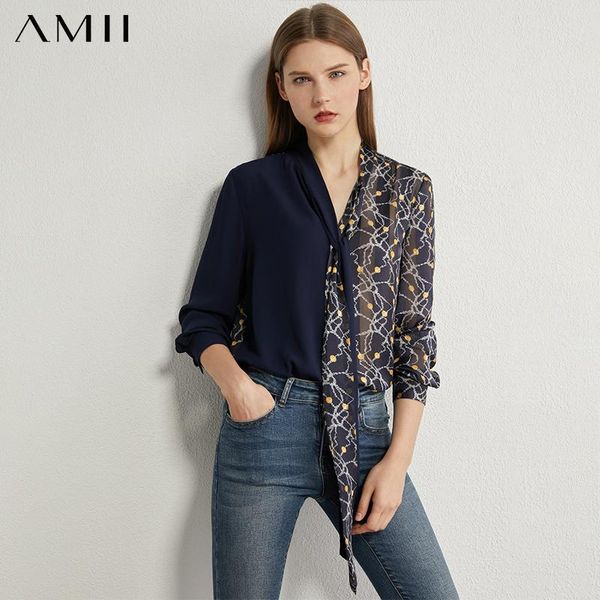

amii minimalism spring autumn women's shirt fashion chiffon printed bow neck loose causal female blouse 12040463, White