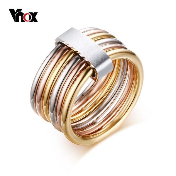 

vnox fashion 6 plain bands interlocked stacked wide statement cocktail rings for women three colors femme ring set, Golden;silver