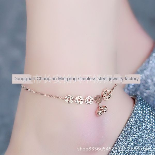 

ix0qz simple 18k rose gold stainless steel foot chain anklet women's korean style temperament five coin bell titanium steel foot chain, Red;blue