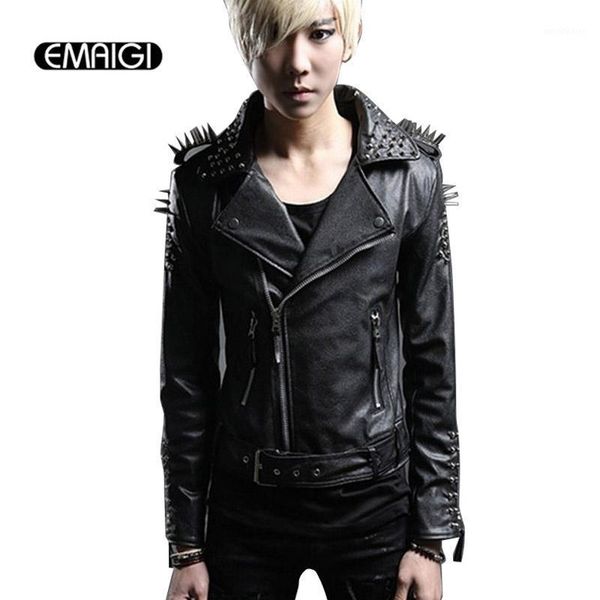 

men's leather & faux men jacket rivets punk rock stage costume street fashion slim fit overcoat locomotive jackets coats1, Black