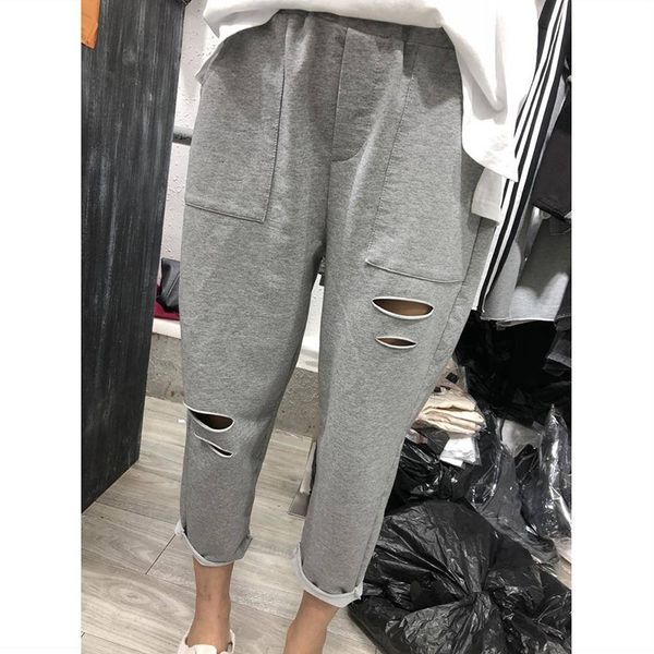 

spring summer korea fashion women elastic waist ankle-length cotton loose pants hole design casual harem pants plus size m76 201031, Black;white