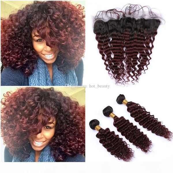 

black and burgundy wavy human hair bundles with frontal closure deep wave two tone 1b 99j ombre virgin peruvian hair with lace frontal