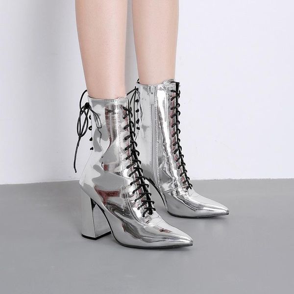 

boots 2021 est cross-tied design women's pointed toe square heel silver shoes1, Black