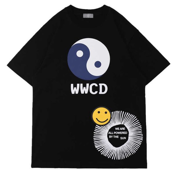 Homens Camisetas 2021 Verão Nova Marca Moda WWCD Taiji Fofoca Face Sorrindo Espumante Imprimindo Masculinos e Mulheres Algodão Solto Manga Curta T-shirt