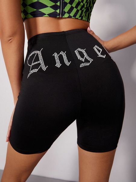 

letter rhinestone biker shorts l8rb#, Black