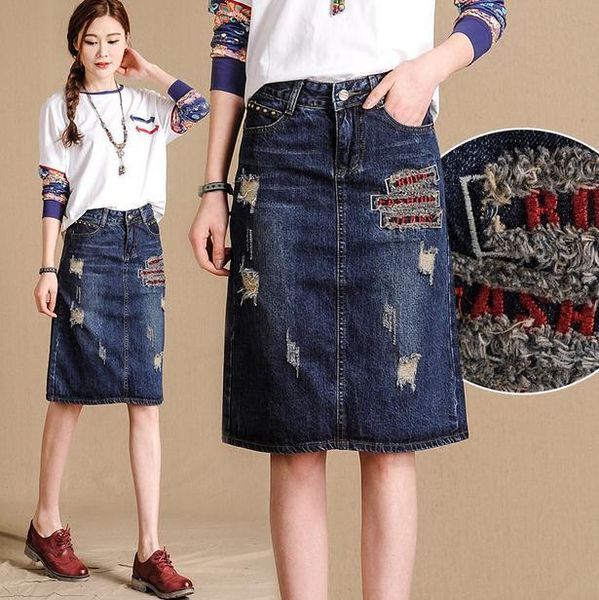 

plus size new denim spring comes out long paragraph occasional hole skirt jeans m66p, Black