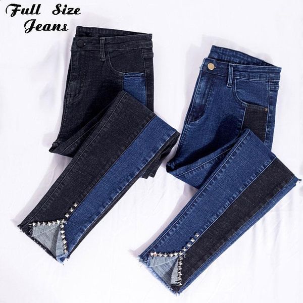 

plus size women contrast patchwork rivet skinny pencil capris pants 3xl 4xl spring casual stretch ankle length denim mom jeans1, Blue