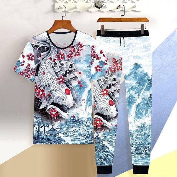 

men's summer short-sleeved round neck t-shirt suit casual loose sportswear trend every year with fish pattern men's clothing, Gray