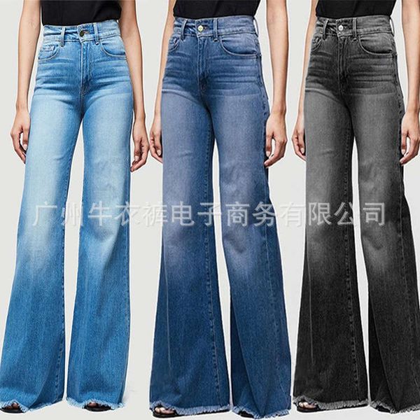 

women's slim fit wide leg fringe pants jeans, Blue